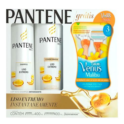 Kit Pantene Liso Extremo Shampoo + Condicionador 400ml Grátis Aparelho Gillette Venus Malibu - 2 Unidades