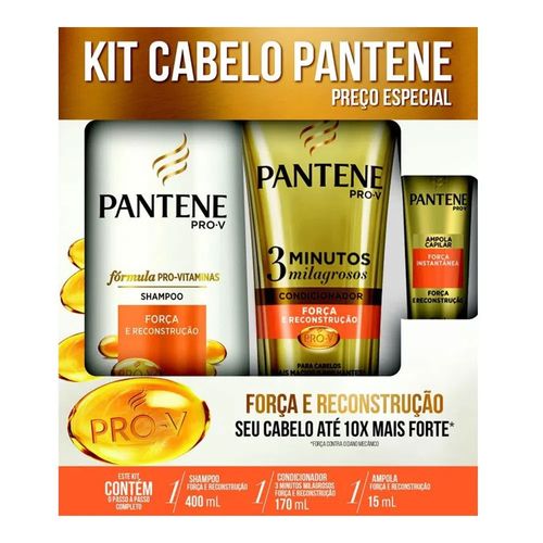 Kit Pantene Shampoo Força e Reconstrução 400ml + Condicionador 3 Minutos Milagrosos 170ml + Ampola 15ml Kit Pantene Shampoo Força e Reconstrução 400ml + Condicionador 3 Minutos Milagrosos 170ml + Ampola 15ml