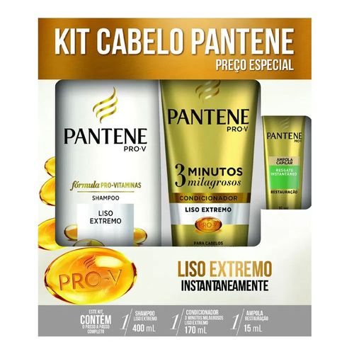Kit Pantene Shampoo Liso Extremo 400ml + Condicionador 3 Minutos Milagrosos 170ml + Ampola 15ml Kit Pantene Shampoo Liso Extremo 400ml + Condicionador 3 Minutos Milagrosos 170ml + Ampola 15ml