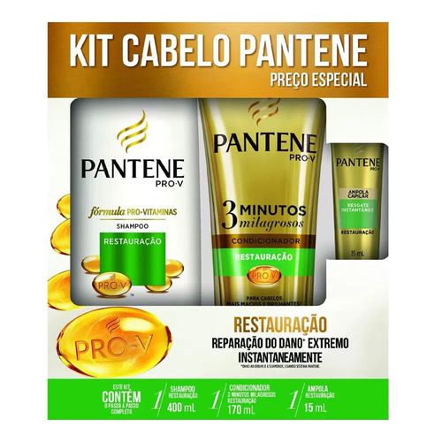 Kit Pantene Shampoo Restauração 400ml + Condicionador 3 Minutos Milagrosos 170ml + Ampola 15ml Kit Pantene Shampoo Restauração 400ml + Condicionador 3 Minutos Milagrosos 170ml + Ampola 15ml