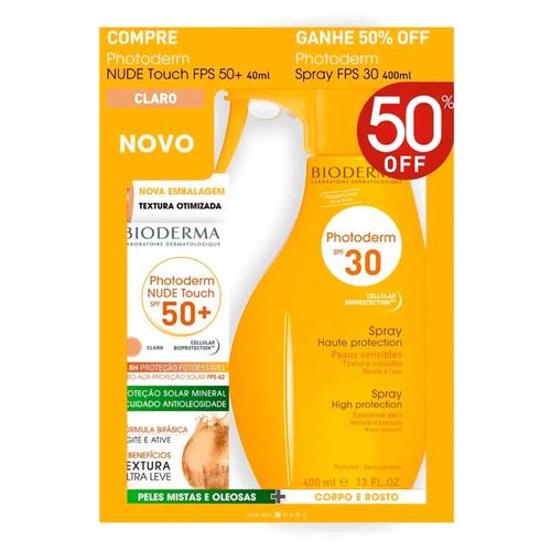 Kit Photoderm Protetor Solar Facial Nude Touch Claro FPS50+ 40ml + Protetor Solar Spray FPS30 400ml Kit Photoderm Protetor Solar Facial Nude Touch Claro FPS50+ 40ml + Protetor Solar Spray FPS30 400ml
