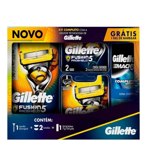 Kit Gillette Aparelho de Barbear Fusion5 Proshield + 2 Cartuchos + Gel Mach3 72ml