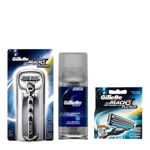 Kit Gillette Aparelho Mach 3 Turbo + Carga 2 Unidades + Mini Gel 71g Kit Gillette Aparelho Mach 3 Turbo + Carga 2 Unidades + Mini Gel 71g