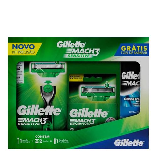 Kit Gillette Mach 3 Sensitive Aparelho de Barbear + Refil 2 Unidades Grátis Gel de Barbear 72ml
