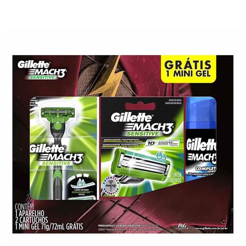 Kit Gillette Mach3 Sensitive Aparelho de Barbear + 2 Cargas Grátis Mini Gel 71g Kit Gillette Mach3 Sensitive Aparelho de Barbear + 2 Cargas Grátis Mini Gel 71g
