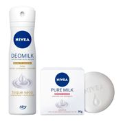 Kit Nivea Desodorante Aerosol Deomilk Toque Seco 150ml + Sabonete em Barra Pure Milk 90g
