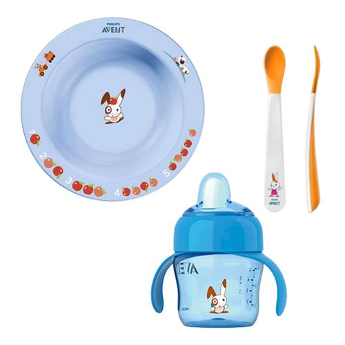Tigela Infantil Pequena Azul + Conjunto 2 Colheres Infantis com Ponta Macia + Copo com bico Azul (6m+) - Philips Avent Tigela Infantil Pequena Azul + Conjunto 2 Colheres Infantis com Ponta Macia + Copo com bico Azul (6m+) - Philips Avent