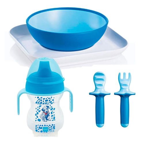 Kit 2 talheres Dipper Set Boys (6m+) + Baby's Bowl & Plate Boys (6m+) + Copo de treinamento Learn to Drink (190ml) Boys (6m+) - MAM Kit 2 talheres Dipper Set Boys (6m+) + Baby's Bowl & Plate Boys (6m+) + Copo de treinamento Learn to Drink (190ml) Boys (6m+) - MAM