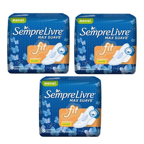 Kit 3 Absorvente Sempre Livre Fit Suave Abas 24 Unidades