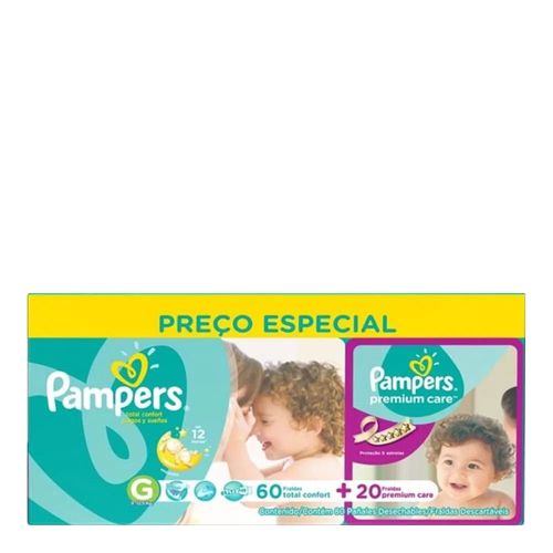 Kit Fralda Descartável Pampers Total fort G 60 Unidades + Premium Care G 20 Unidades Kit Fralda Descartável Pampers Total fort G 60 Unidades + Premium Care G 20 Unidades