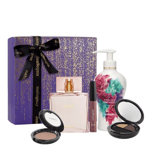Kit Keen com Fragrância, Hidratante, Blush Peach, Duo de Sombras Intense Rose, Batom Líquido Cognac e Caixa Violeta