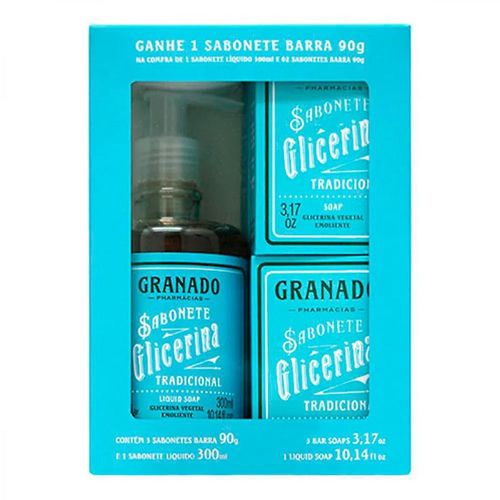 Kit Granado Glicerina Tradicional Sabonete Líquido 300ml + Sabonete em Barra 90g 3 Unidades Kit Granado Glicerina Tradicional Sabonete Líquido 300ml + Sabonete em Barra 90g 3 Unidades