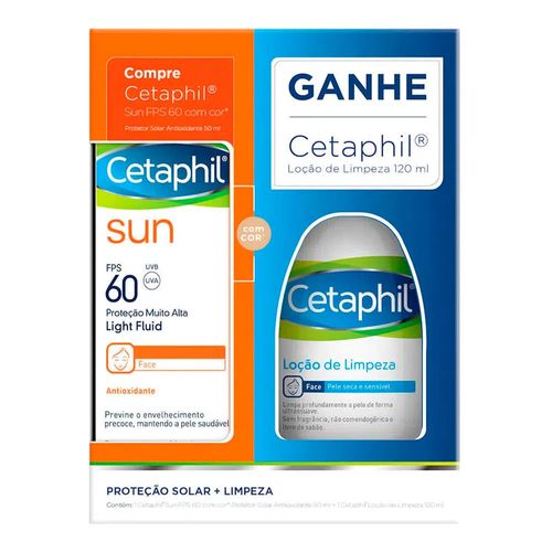 Kit Cetaphil Protetor Solar Facial Sun com Cor Light Fluid FPS60 50ml + Loção de Limpeza 120ml