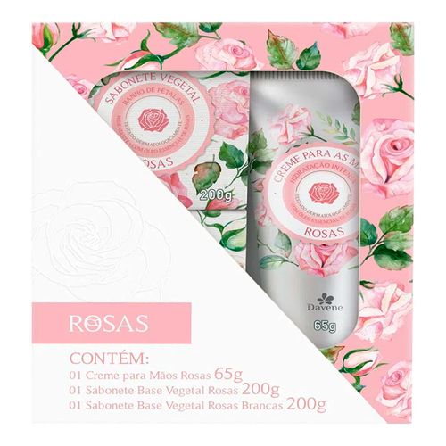 Kit Davene Rosas Creme para Mãos 65g + Sabonete Vegetal 200g 1 Unidade + Sabonete Vegetal Rosas Brancas 200g 1 Unidade