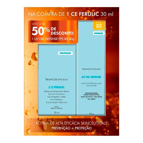 Kit SkinCeuticals Sérum Antioxidante C E Ferulic 30ml + Protetor Solar Facial UV Oil Defense FPS80 40g Kit SkinCeuticals Sérum Antioxidante C E Ferulic 30ml + Protetor Solar Facial UV Oil Defense FPS80 40g