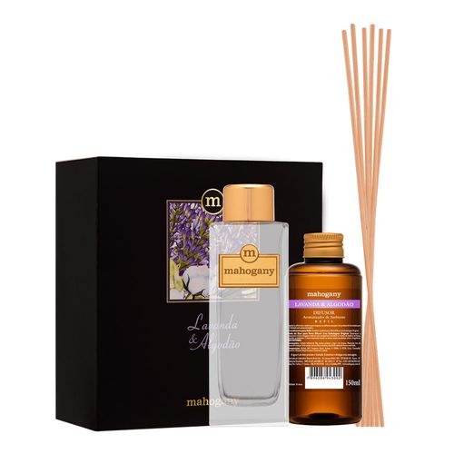 Kit Difusor de Ambiente Lavanda & Algodão Mahogany (Cartucho + Refil 150ml + Frasco 145ml + Varetas 6 un) Kit Difusor de Ambiente Lavanda & Algodão Mahogany (Cartucho + Refil 150ml + Frasco 145ml + Varetas 6 un)
