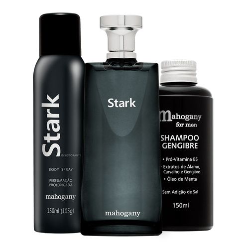 Kit Mahogany Desodorante Aerosol + Fragrância Stark + Shampoo For Men 150ml Kit Mahogany Desodorante Aerosol + Fragrância Stark + Shampoo For Men 150ml