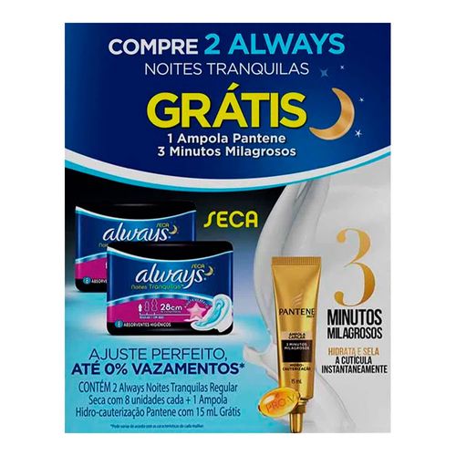 Kit 2 Absorvente Always Noturno com Abas Seca 8 Unidades + Ampola Pantene Kit 2 Absorvente Always Noturno com Abas Seca 8 Unidades + Ampola Pantene
