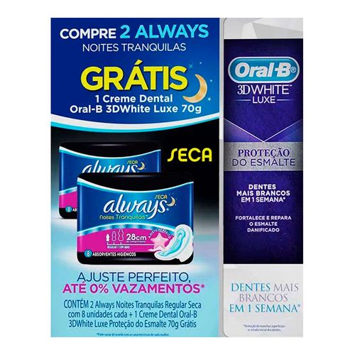 Kit 2 Absorvente Always Noturno com Abas Seca 8 Unidades + Creme Dental Oral-B