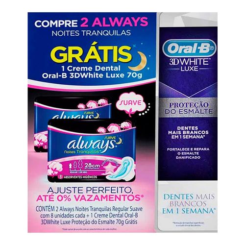 Kit 2 Absorvente Always Noturno com Abas Suave 8 Unidades + Creme Dental Oral-B Kit 2 Absorvente Always Noturno com Abas Suave 8 Unidades + Creme Dental Oral-B