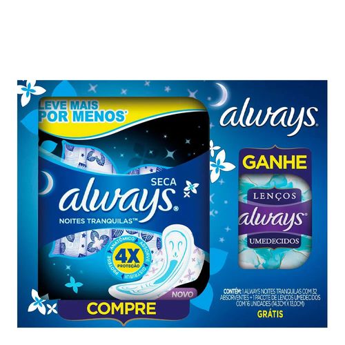 Kit Absorvente Always Noites Tranquilas Seca 32 Unidades + Lenços Umedecidos 16 Unidades Kit Absorvente Always Noites Tranquilas Seca 32 Unidades + Lenços Umedecidos 16 Unidades