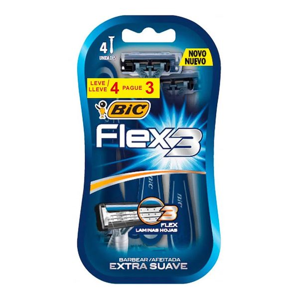 Kit Aparelho De Barbear Bic Flex 3 Lâminas Premium 4 Unidades