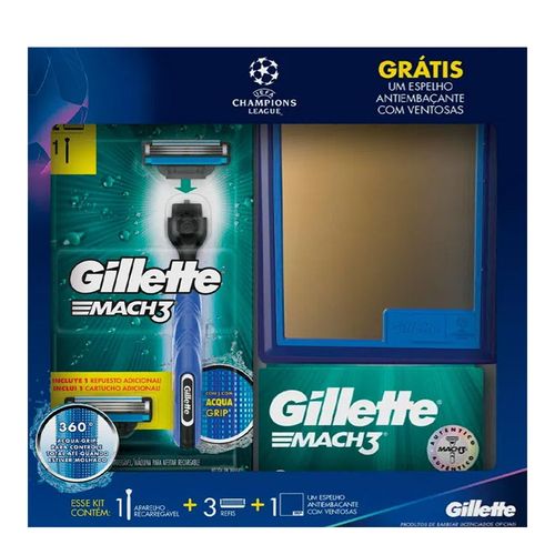 Kit Aparelho de Barbear Gillette Mach 3 Acqua Grip + 3 Refis + Espelho
