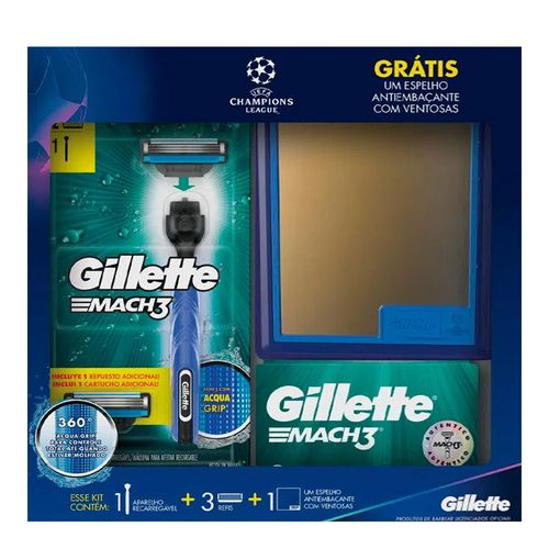 Kit Aparelho de Barbear Gillette Mach 3 Acqua Grip + 3 Refis + Espelho Kit Aparelho de Barbear Gillette Mach 3 Acqua Grip + 3 Refis + Espelho