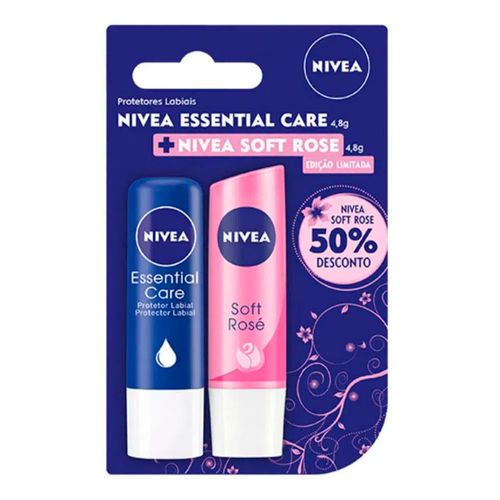 Kit Protetor Labial Nivea Essential Care 4,8g + Nivea Soft Rose 4,8g Kit Protetor Labial Nivea Essential Care 4,8g + Nivea Soft Rose 4,8g