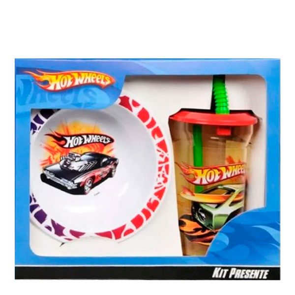 Kit Presente Hot Wheels Prato + Copo com Canudo