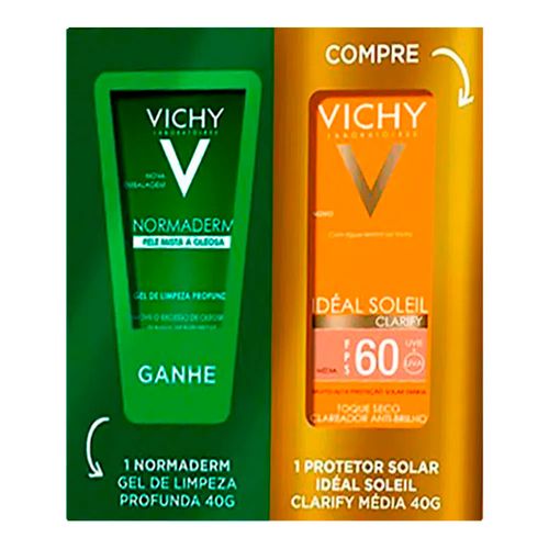 Kit Vichy Protetor Solar Facial Idéal Soleil Clarify Média FPS60 40g + Gel de Limpeza Normaderm 40g Kit Vichy Protetor Solar Facial Idéal Soleil Clarify Média FPS60 40g + Gel de Limpeza Normaderm 40g