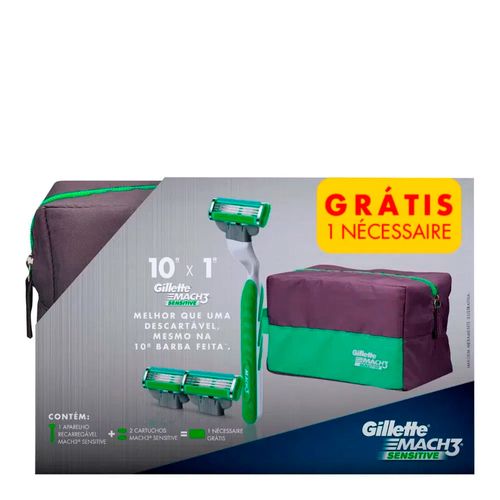 Kit Gillette Mach3 Sensitive Aparelho Recarregável + 2 Cartuchos + Nécessaire Kit Gillette Mach3 Sensitive Aparelho Recarregável + 2 Cartuchos + Nécessaire