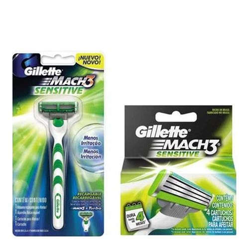 Carga Gillette Mach 3 Sensitive 4 Unidades + Aparelho de Barbear 1 Unidade