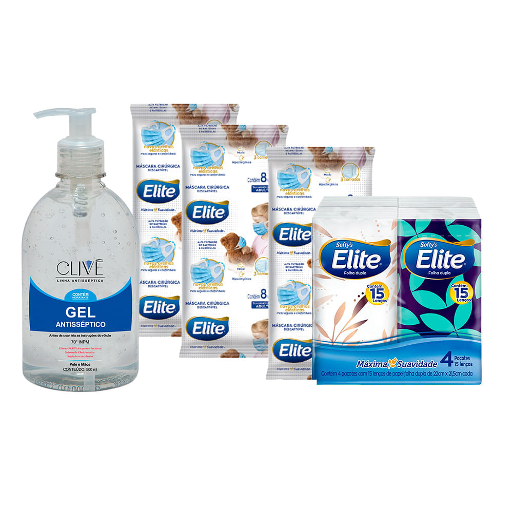 Máscara De Proteção 24 Unids Com Álcool Gel 70% 500 Ml Com Lenço De Papel Elite Softys