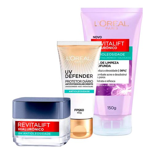 Kit-L-Oreal-Gel-de-Limpeza-Antioxidante-150g---Protetor-Solar-Facial-UV-Defender-Protetor-DiArio-FPS60-40g---Gel-Creme-Preenchedor-49g