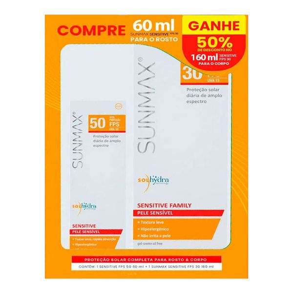Kit Sunmax Protetor Solar Facial FPS 30 Sensitive Family 60ml + FPS 50 Sensitive 160ml
