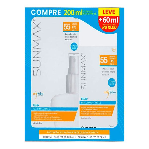 Kit Sunmax Protetor Solar Facial FPS 55 Fluid Pele Oleosa e Mista 200ml + 60ml
