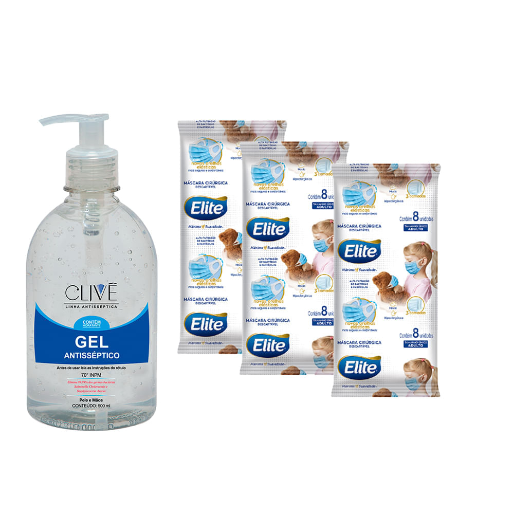 Máscara De Proteção Cirúrgica 24 Unids Com Álcool Gel 70% Antisséptico Clivê 500 Ml