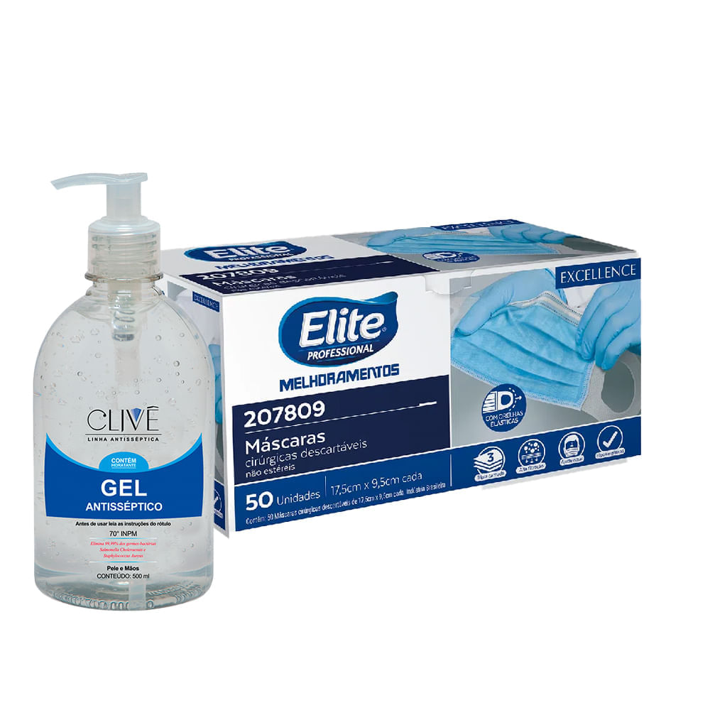 Máscara De Proteção Cirúrgica Orelha Elástica 50 Unids Com Álcool Gel 70% 500 Ml