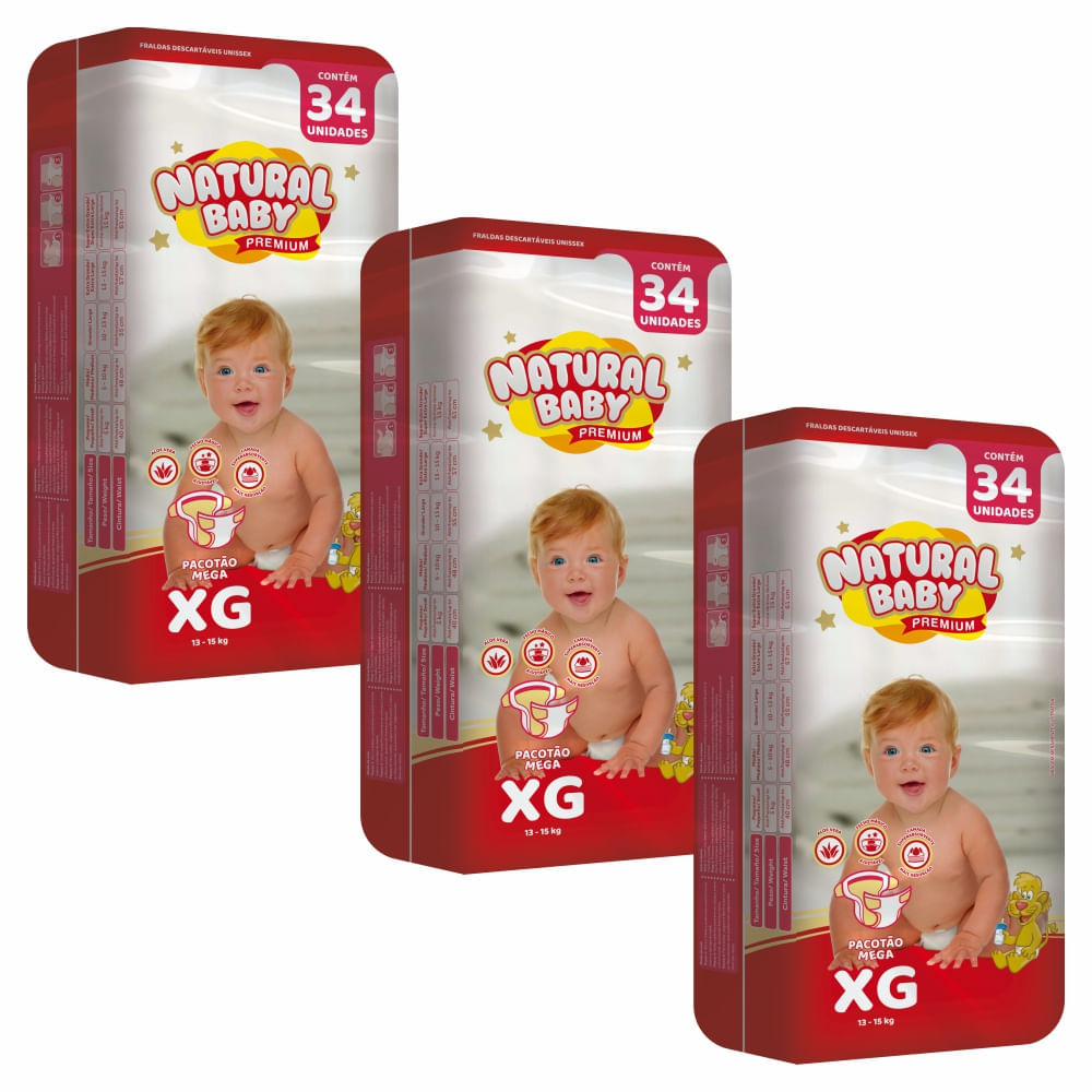 Kit 3 Fraldas Natural Baby Premium Mega Pacotão Xg 34 Un
