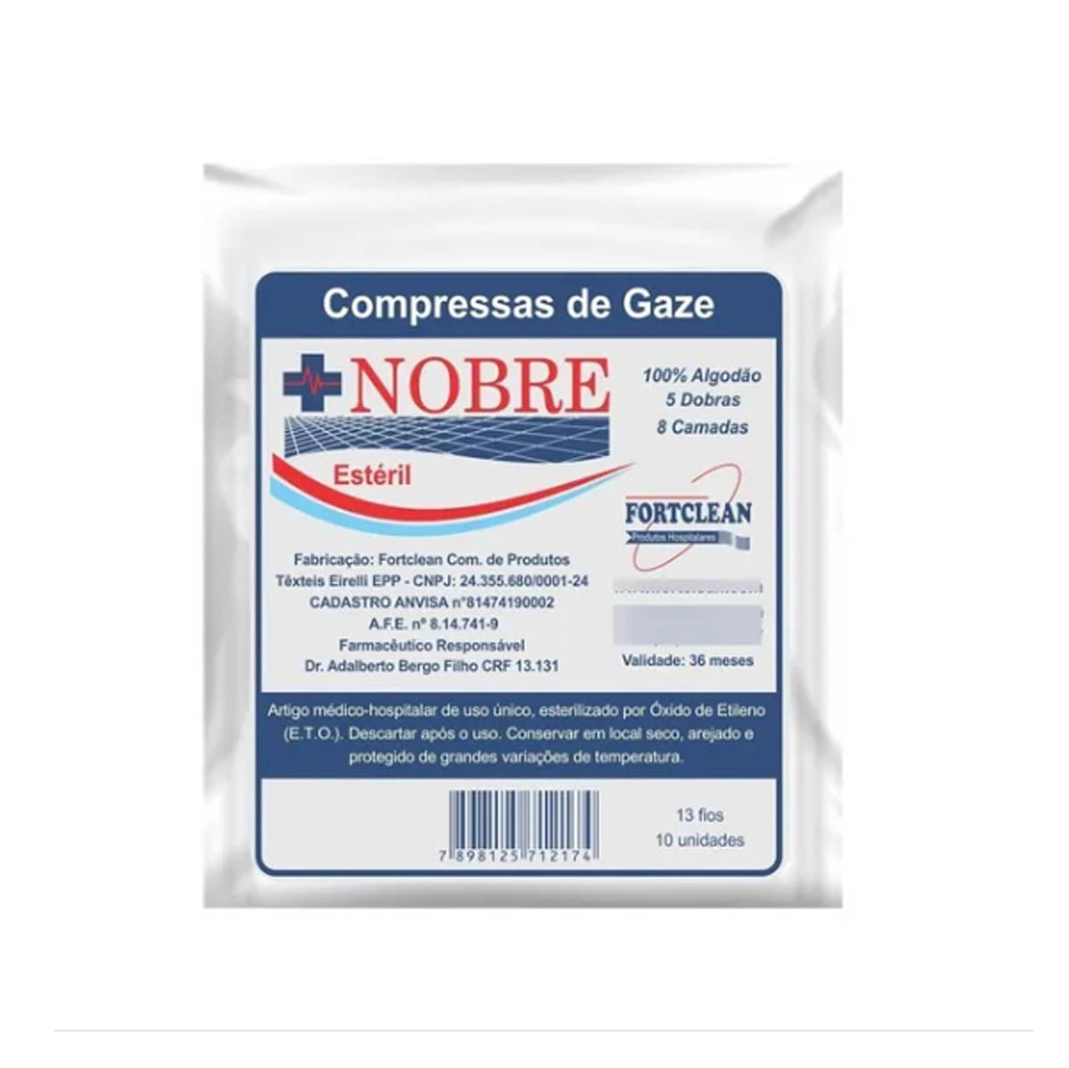 Gaze Esteril Nobre 13 Fios C/ 10 Unidades -5 Dobras 8 Camadas - Fortclean Gaze