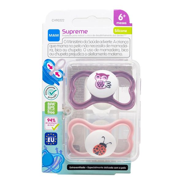 Kit Chupeta Mam Supreme 6+ Roxa e Rosa 2 Unidades