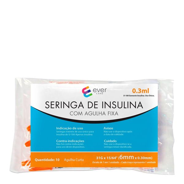 Seringa de Insulina Ever Care 0,3ml 6mm 10 Unidades