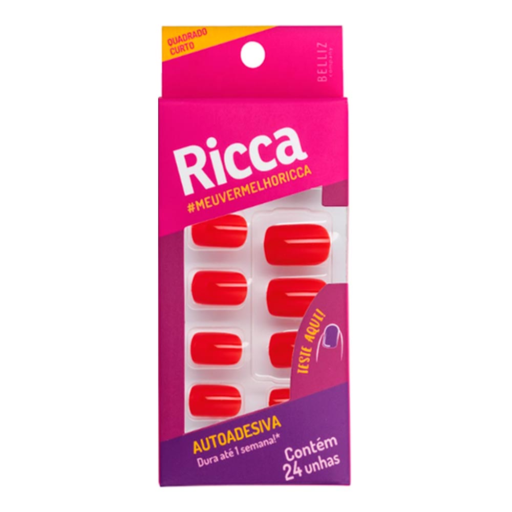 Unhas Postiças Ricca Vermelho Paixão 24 Unidades