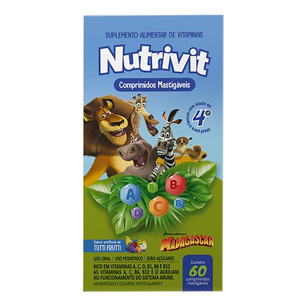 Suplemento Vitamínico Infantil Nutrivit Tutti Frutti Madagascar 60 Comprimidos Mastigáveis