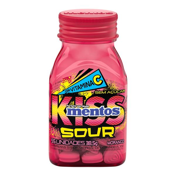 Pastilha Mentos Morango Acido Zero Açúcar Kiss Sour 55 Unidades