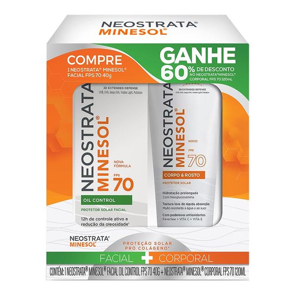 Kit Neostrata Protetor Solar Facial FPS 70 Minesol Oil Control 40g + Corpo e Rosto FPS 70 Minesol 120ml