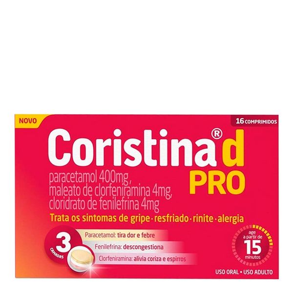 Antigripal, Analgésico e Descongestionante Coristina D Pro 400mg + 4mg + 4mg 16 Comprimidos
