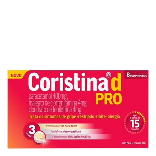 Antigripal, Analgésico E Descongestionante Coristina D Pro 400Mg + 4Mg + 4Mg 8 Comprimidos