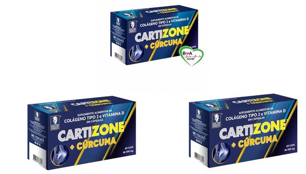 Kit C/3 Cartizone colágeno + cúrcuma tipo II 500mg C/60 Cápsulas